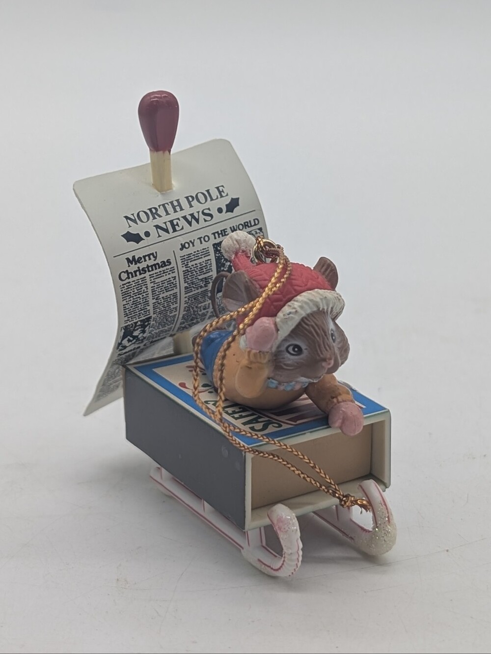 Vintage 1996 Lustre Fame Matchbox Mouse Sledding Christmas Ornament